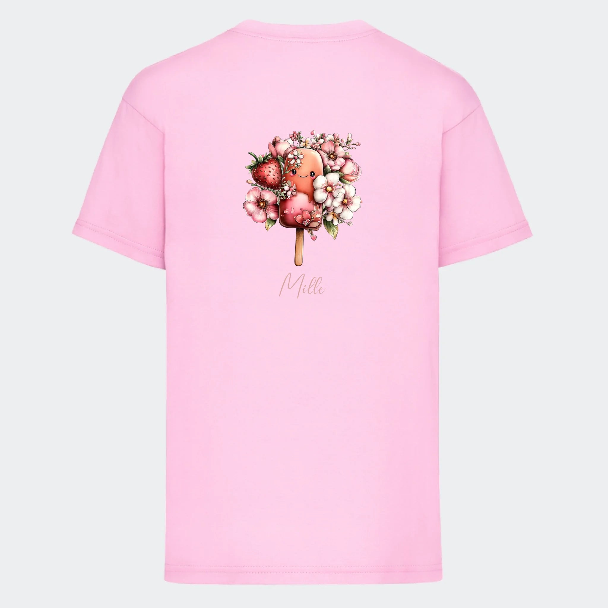 Personlig T-shirt til Børn – Søde Is. Se farver og motiver, lyserød, set bagfra