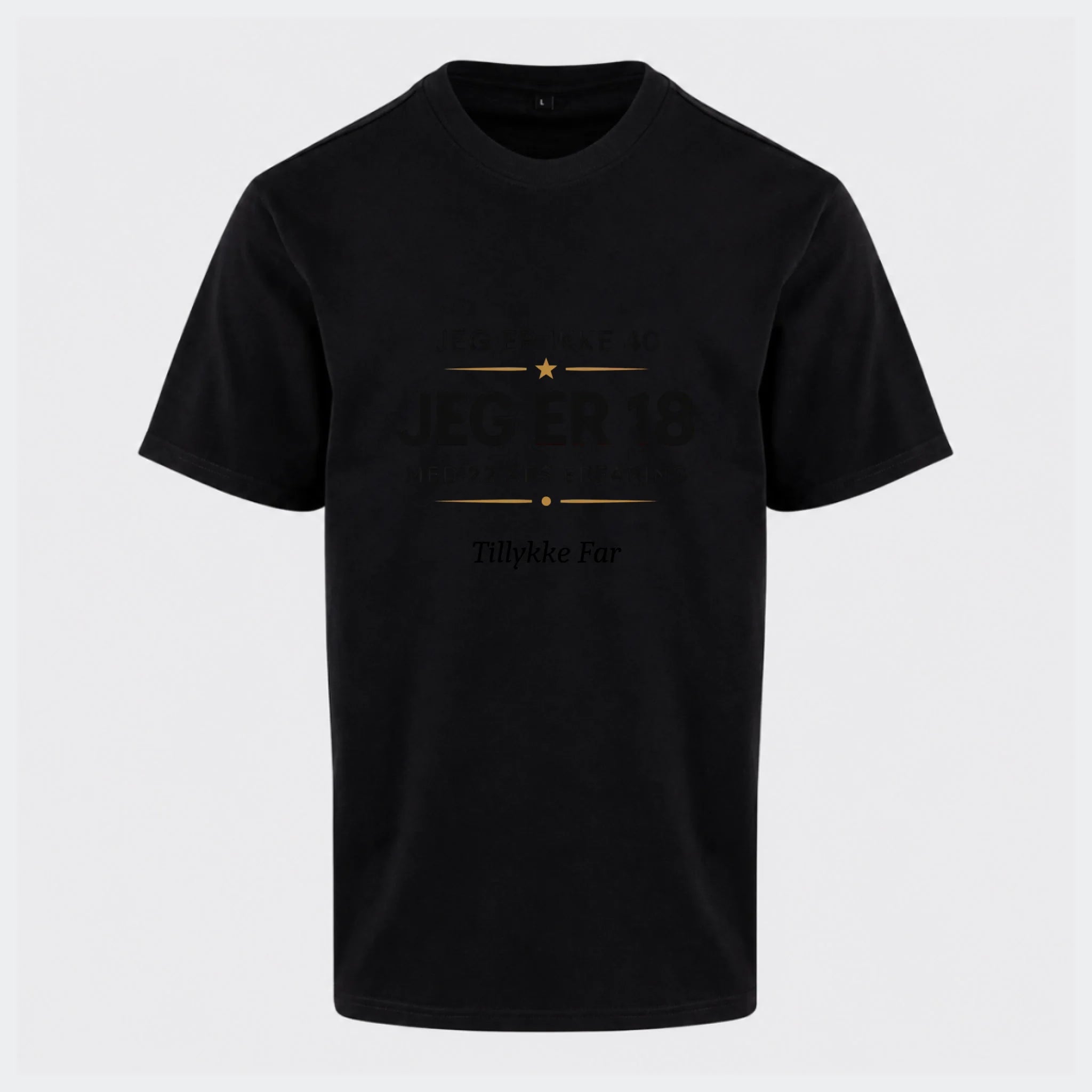 T-shirt med print til voksne – 40 år? Jeg er 18 med 22 års erfaring, sort, set forfra