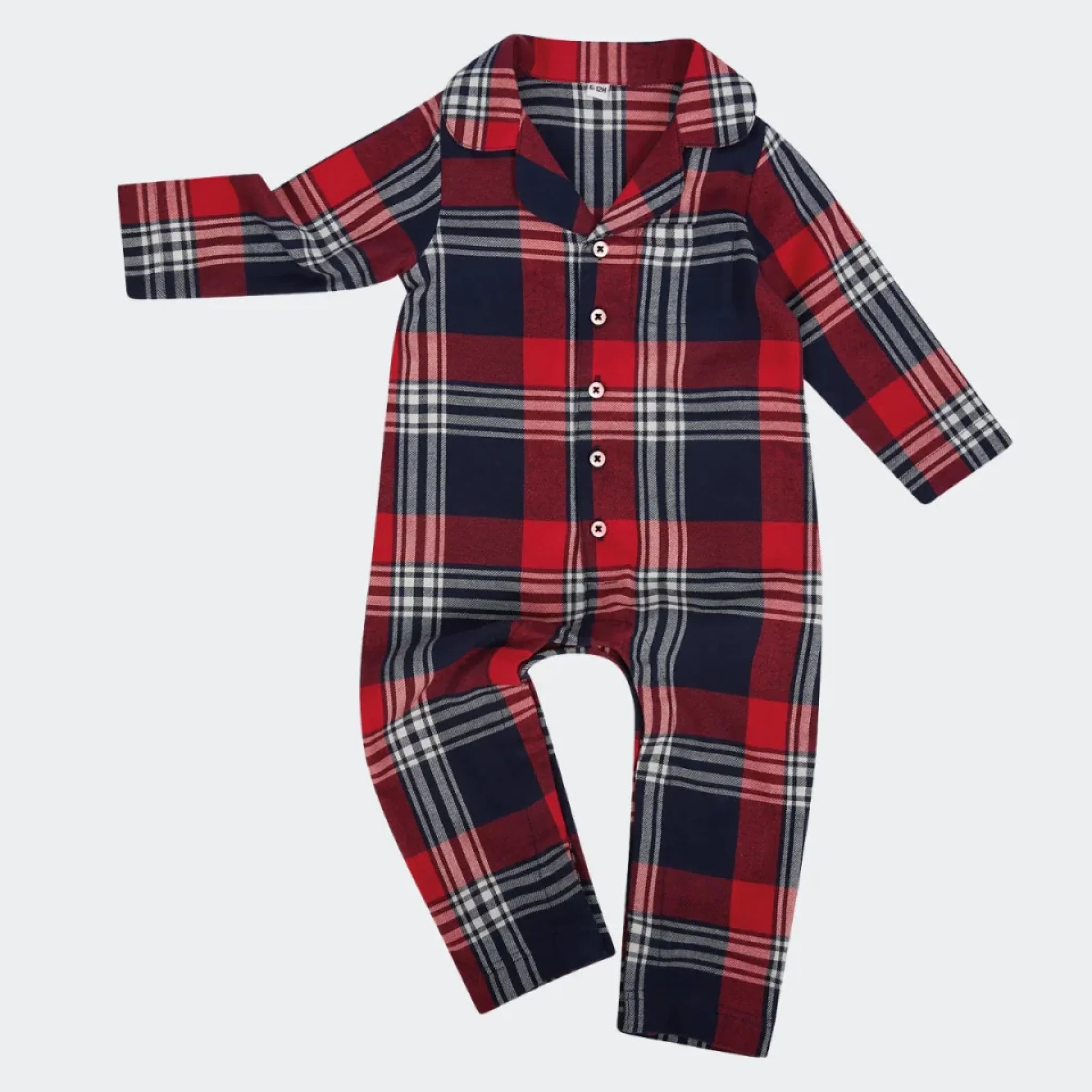 Rød og blå ternet jumpsuit til baby med lange ærmer og ben