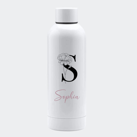 Termoflaske 500 ml – blomsterbogstaver, hvid