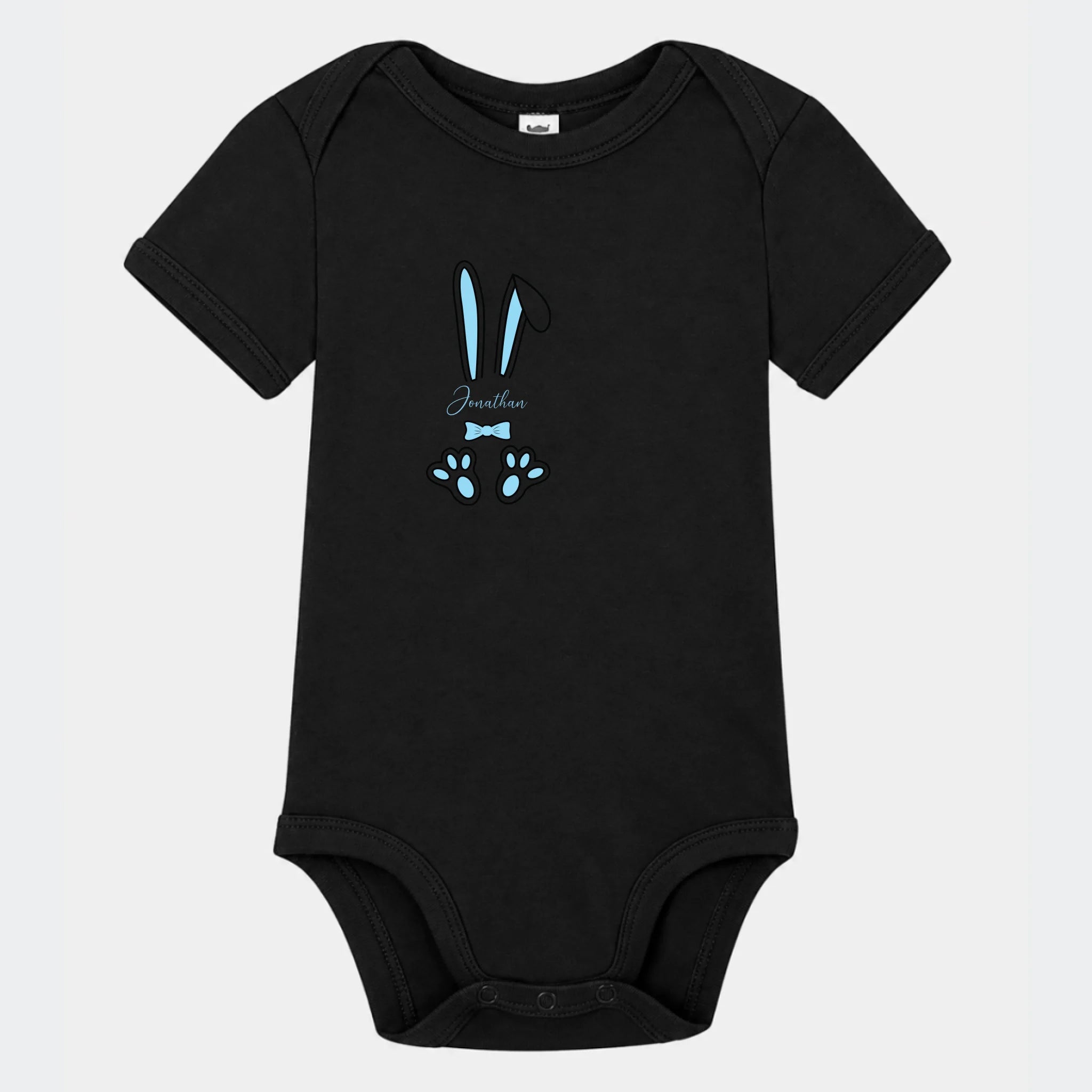Kortærmet babybody i sort med lyseblåt påskehare-motiv