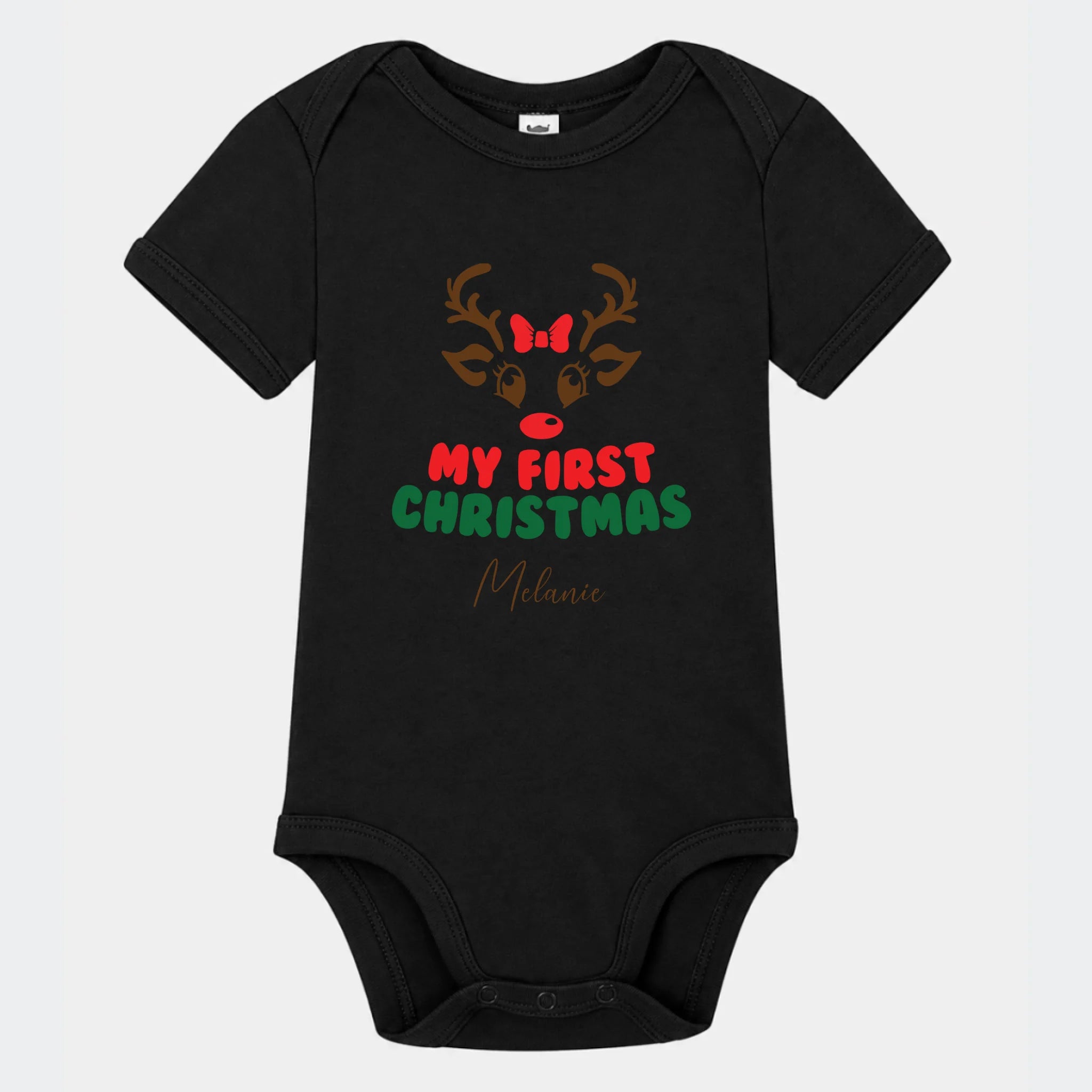 Kortærmet babybody med My First Christmas-motiv i sort