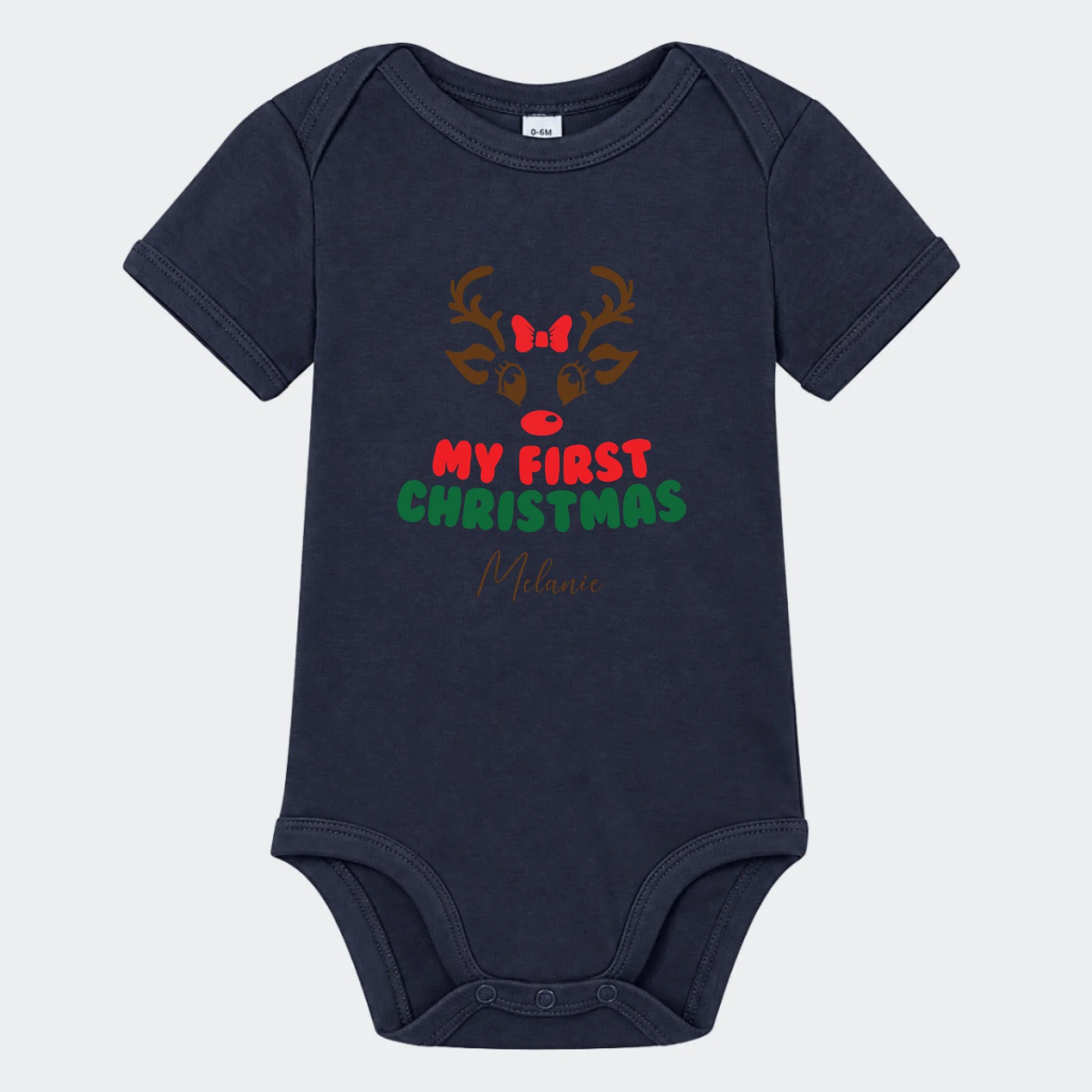 Kortærmet babybody med My First Christmas-motiv i marineblå