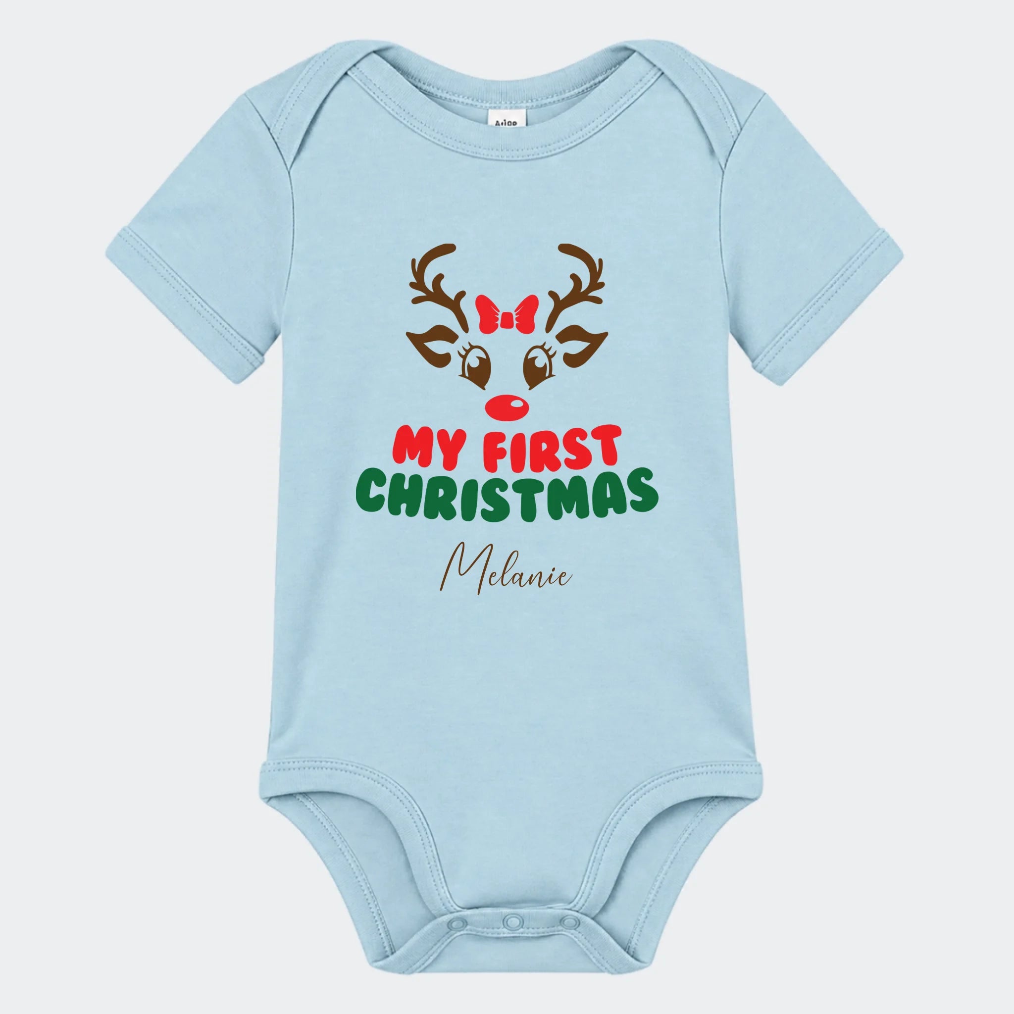 Kortærmet babybody med My First Christmas-motiv i støvet blå