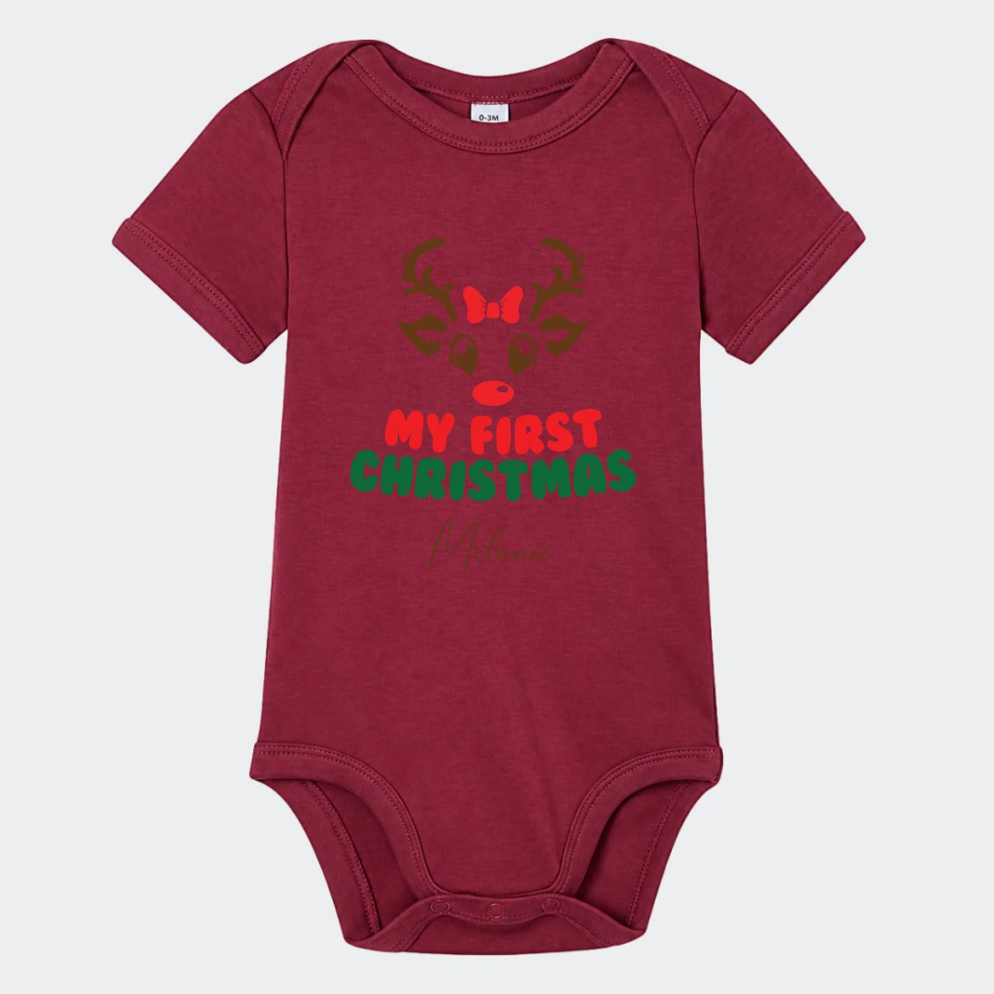 Kortærmet babybody med My First Christmas-motiv i bordeaux