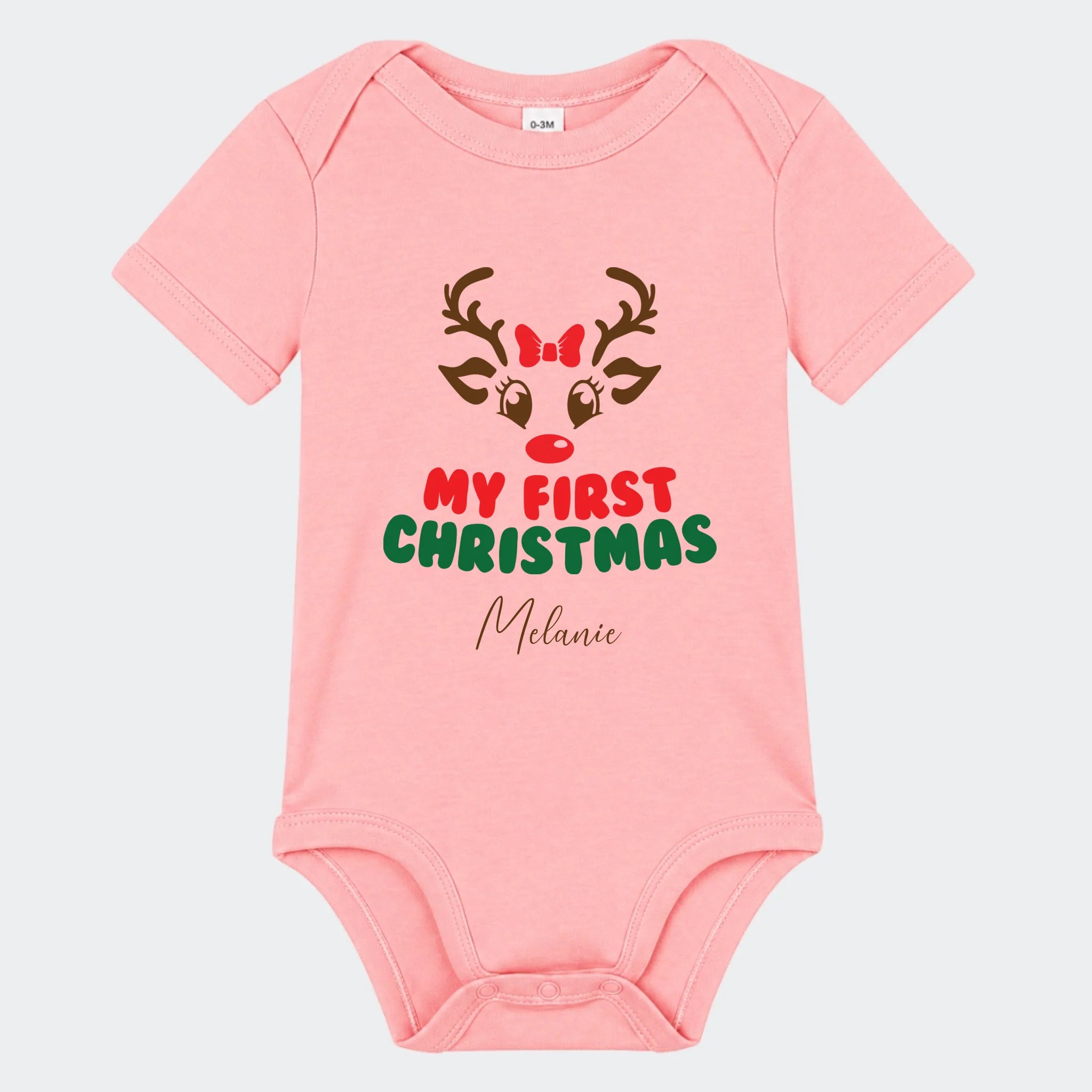 Kortærmet babybody med My First Christmas-motiv i pudderrosa