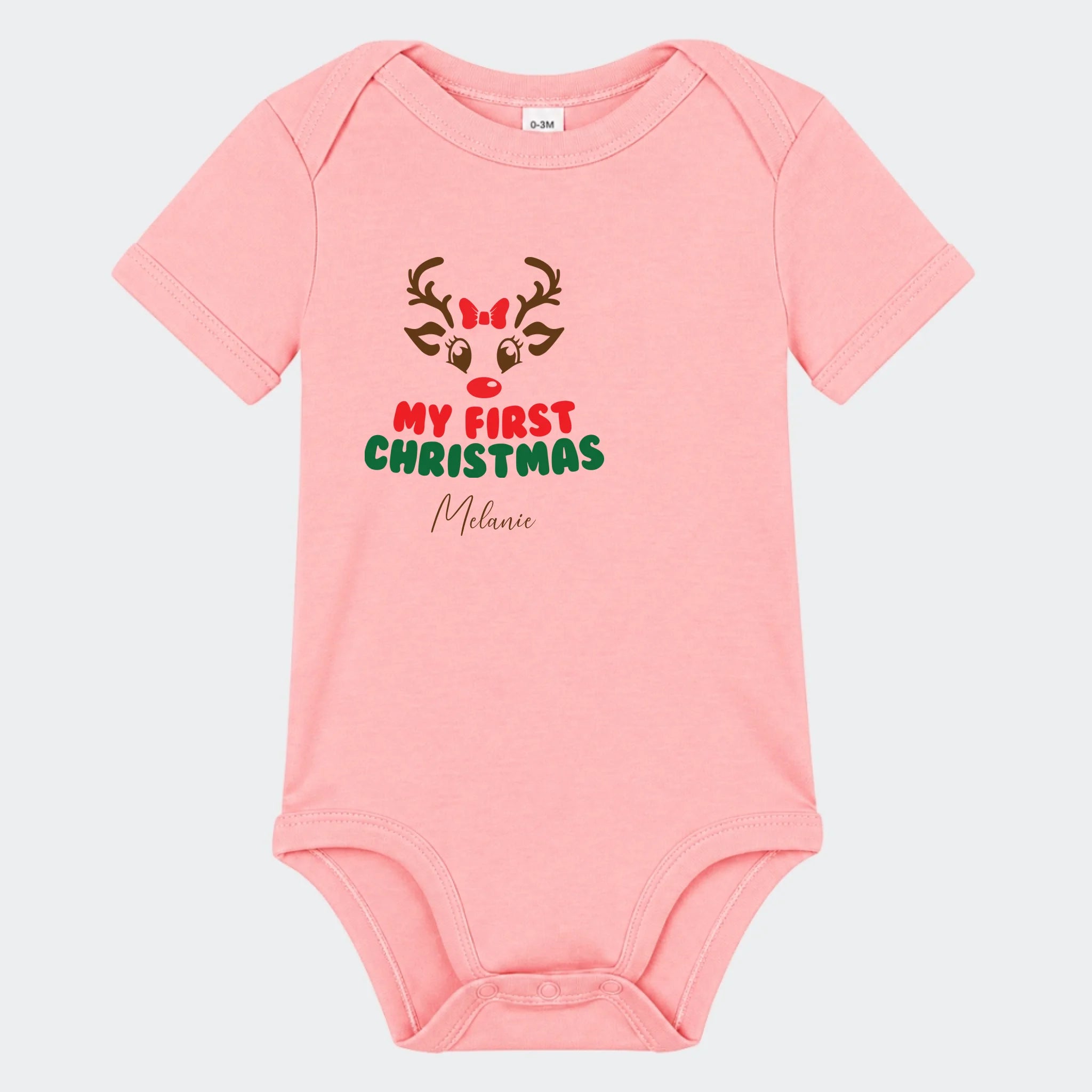 Kortærmet babybody med My First Christmas-motiv i pudderrosa
