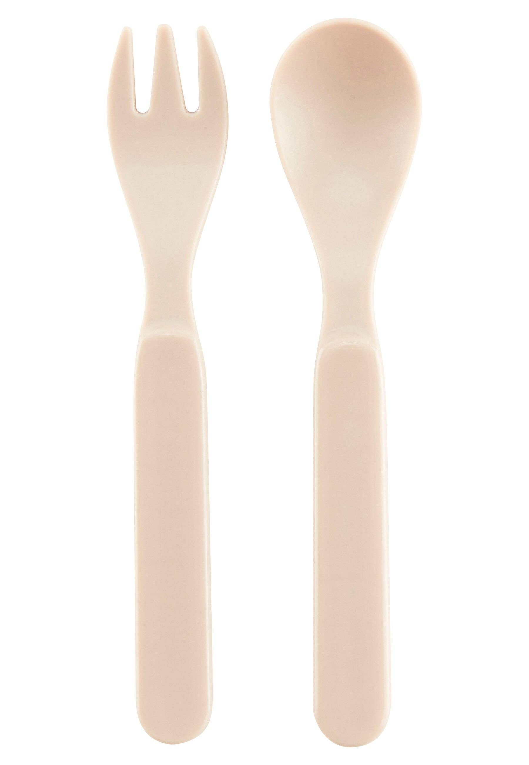 Beige ske og gaffel til børn fra Sterntaler Bondegård spisesæt i robust plast.