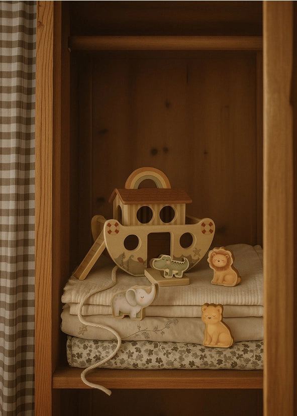 Buddy Boat trælegetøj med Noahs ark og små træfigurer af forskellige vilde dyr.
