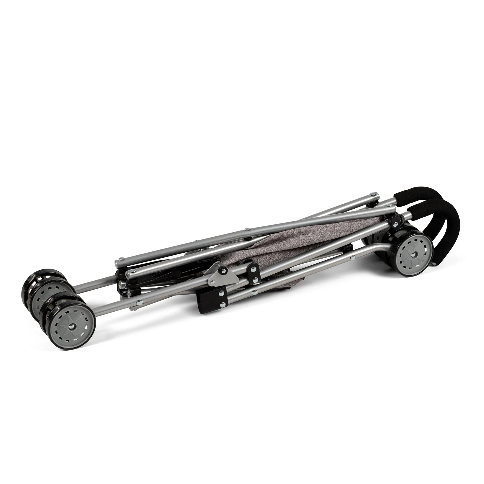 Sammenfoldet grå paraply klapvogn til dukker, fylder næsten ingenting