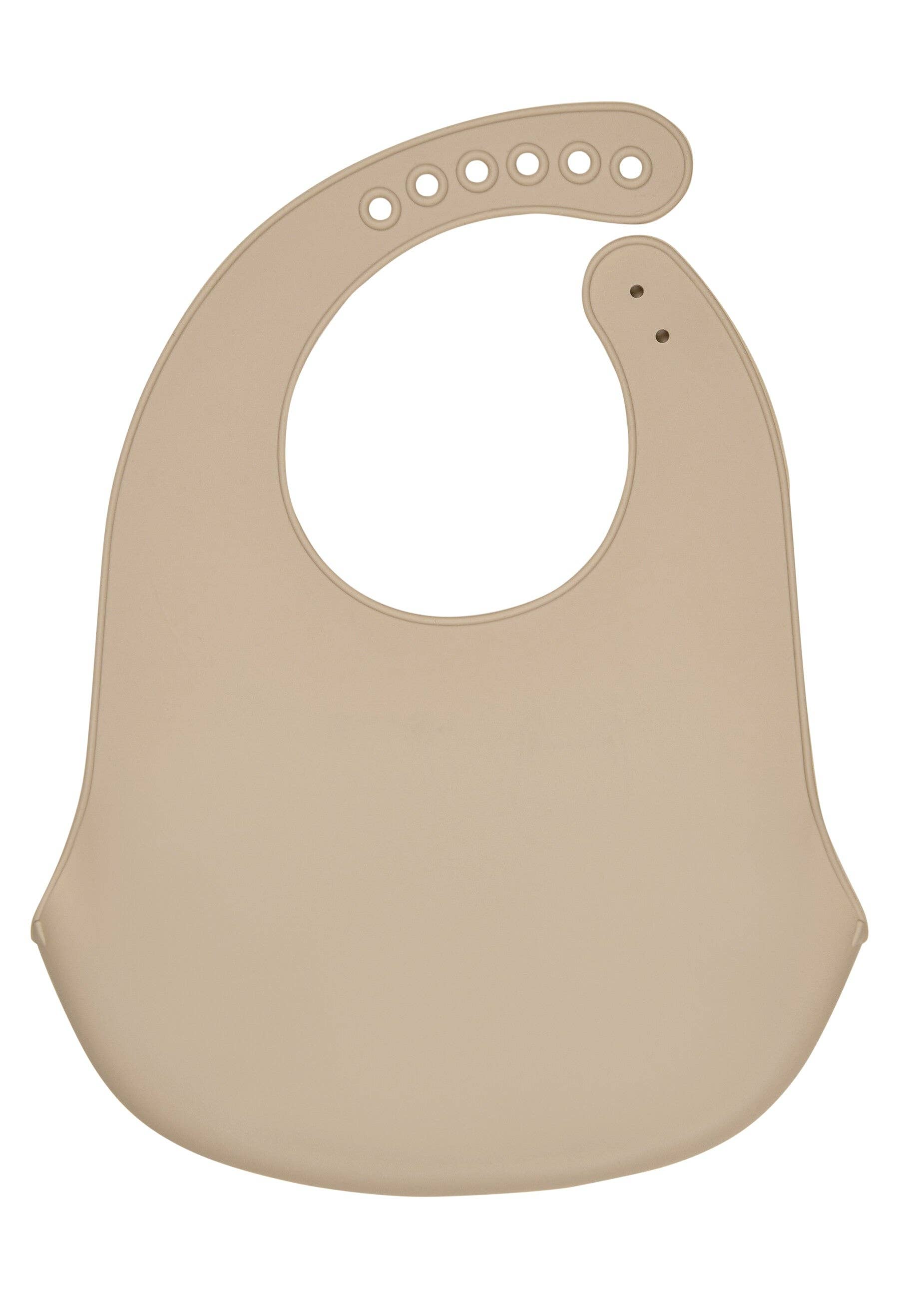 Bagside af beige silikonehagesmæk med justerbar lukning til babyer og småbørn.