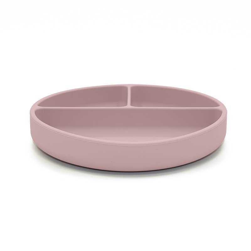 Sidevisning af en lys mauve opdelt silikonetallerken med sugekop til babyer og børn.