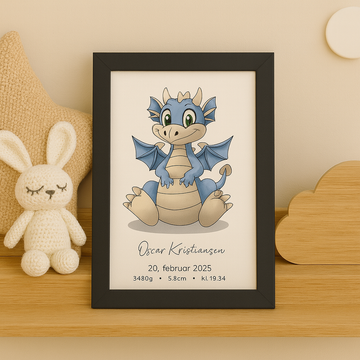Personalized blue dragon fødselsplakat with baby birth details in black frame on wooden shelf