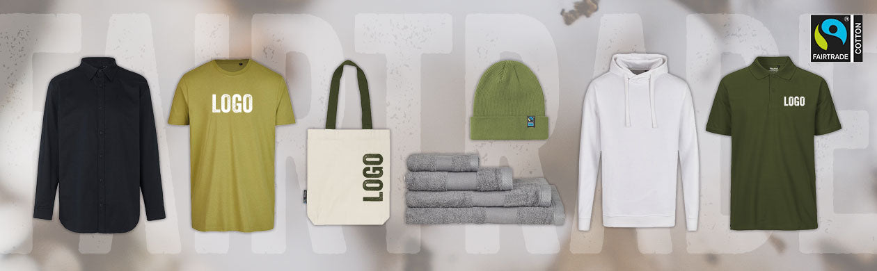 Fairtrade tøjvarer med logo: skjorte, T-shirt, taske, hue, håndklæder, hoodie, polo