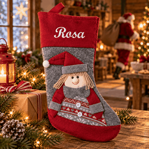 Rød og grå julesok med nissemor motiv og navnet Rosa broderet i hyggelige omgivelser.