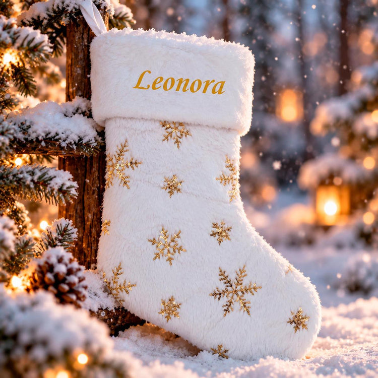 Hvid julesok med navnet Leonora og guld snefnug broderet i et snedækket landskab.