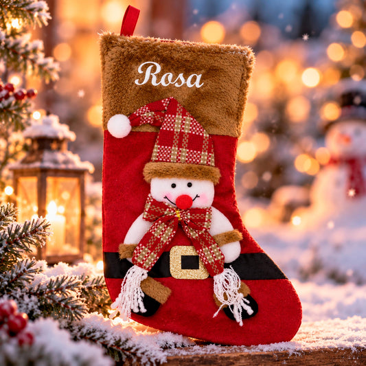 Rød julesok i blødt plys med broderet navn Rosa og sød snemand med nissehue.