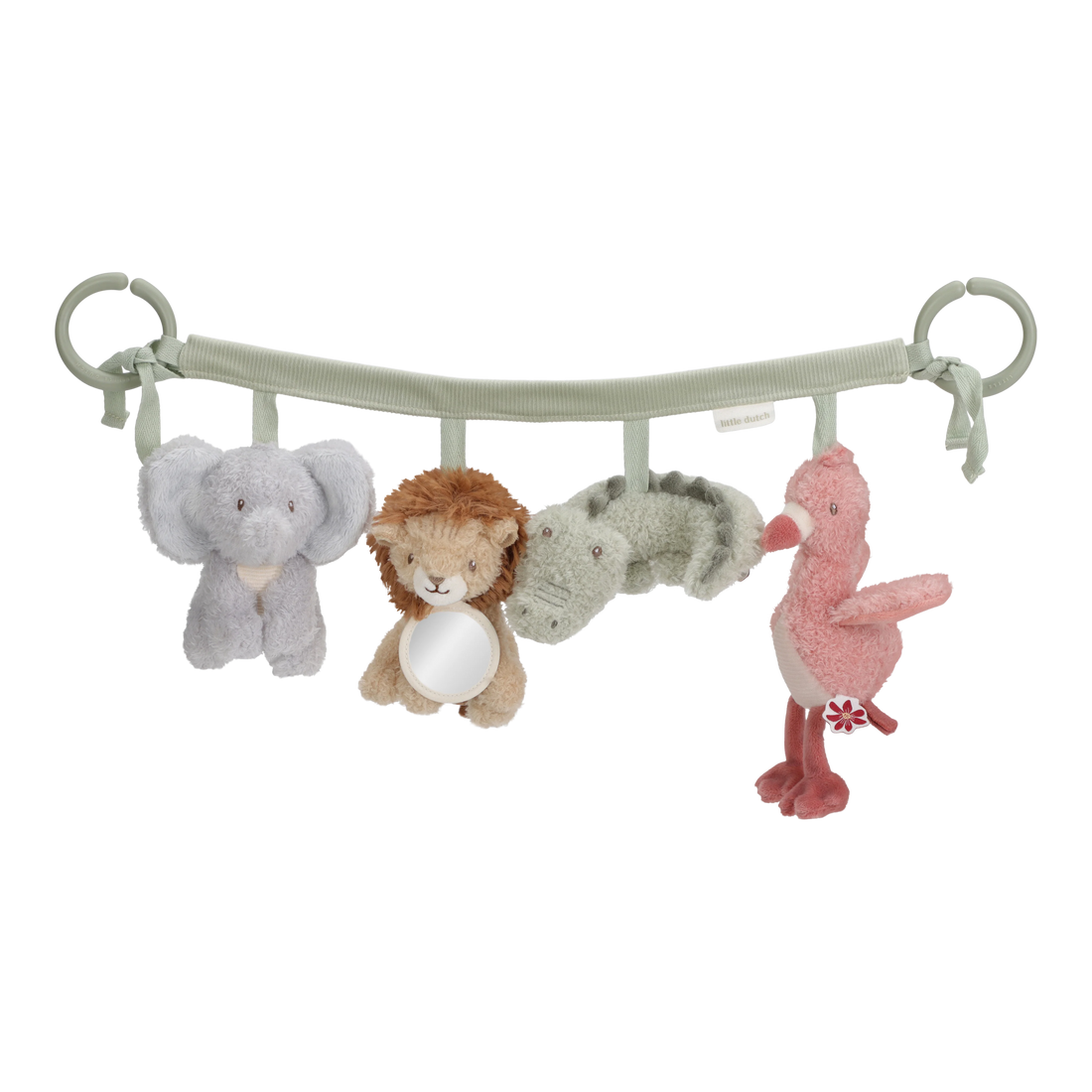 Little Dutch barnevognskæde Safari Friends med bløde plysdyr som elefant, løve, krokodille og flamingo.