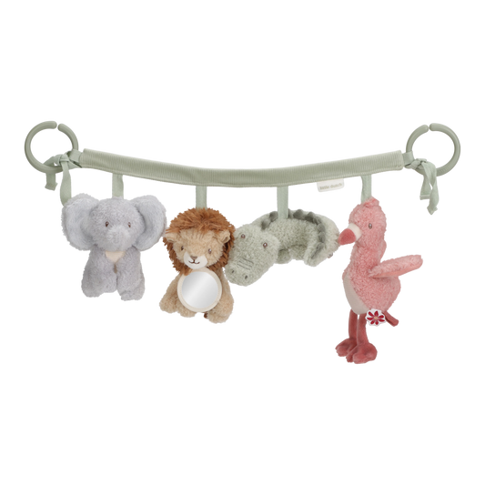 Little Dutch barnevognskæde Safari Friends med bløde plysdyr som elefant, løve, krokodille og flamingo.