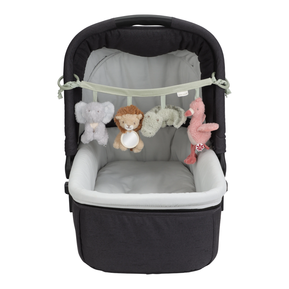 Little Dutch barnevognskæde Safari Friends med bløde plysdyr som elefant, løve, krokodille og flamingo.