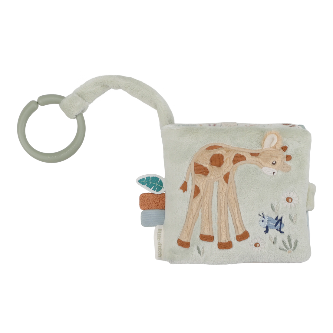 Little Dutch Safari Friends blød aktivitetsbooklet til baby med giraf og praktisk ophængsring.