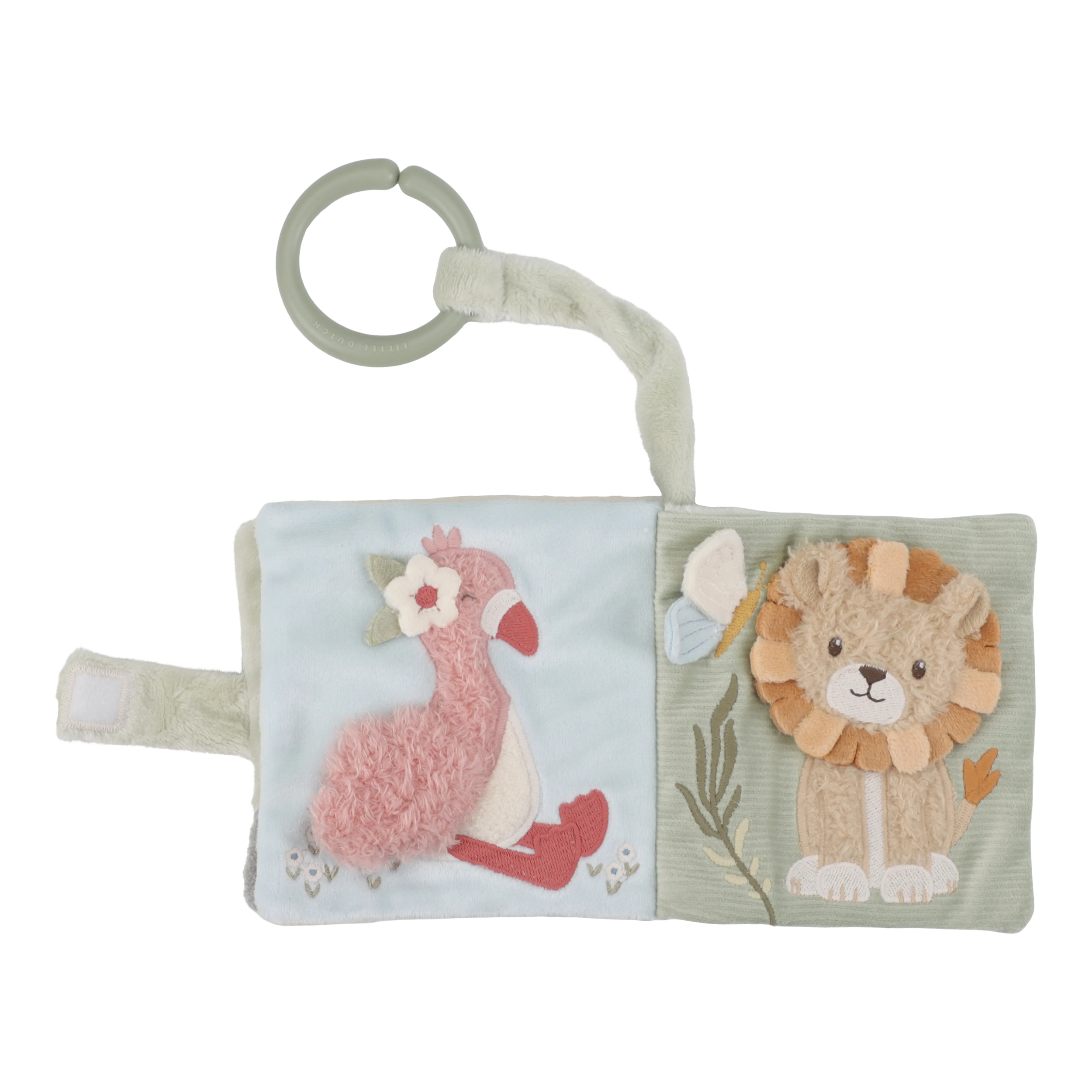 Little Dutch aktivitetsbooklet med Safari Friends motiver af en lyserød flamingo og en løve.