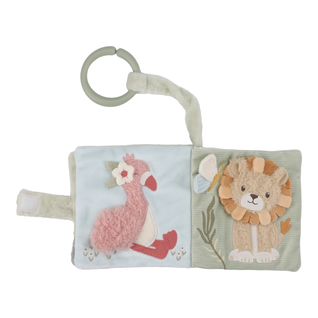 Little Dutch Safari Friends blød aktivitetsbooklet til baby med giraf og praktisk ophængsring.