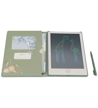 Grøn Little Dutch tegnetablet med Safari Friends motiv og tilhørende pen til børn.