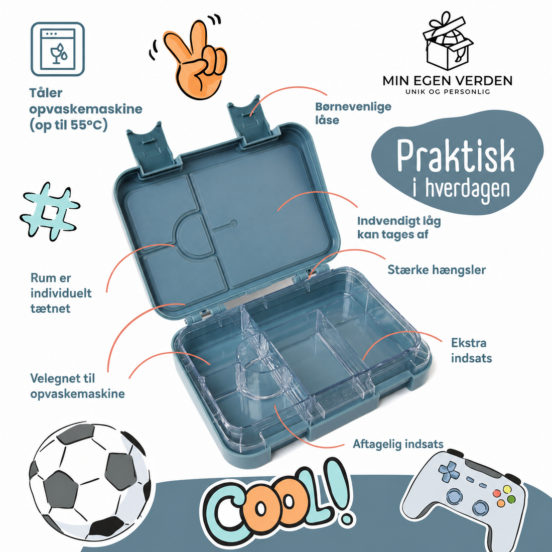 Blå læksikker bento madkasse med rum til børn i modulopbygget design.