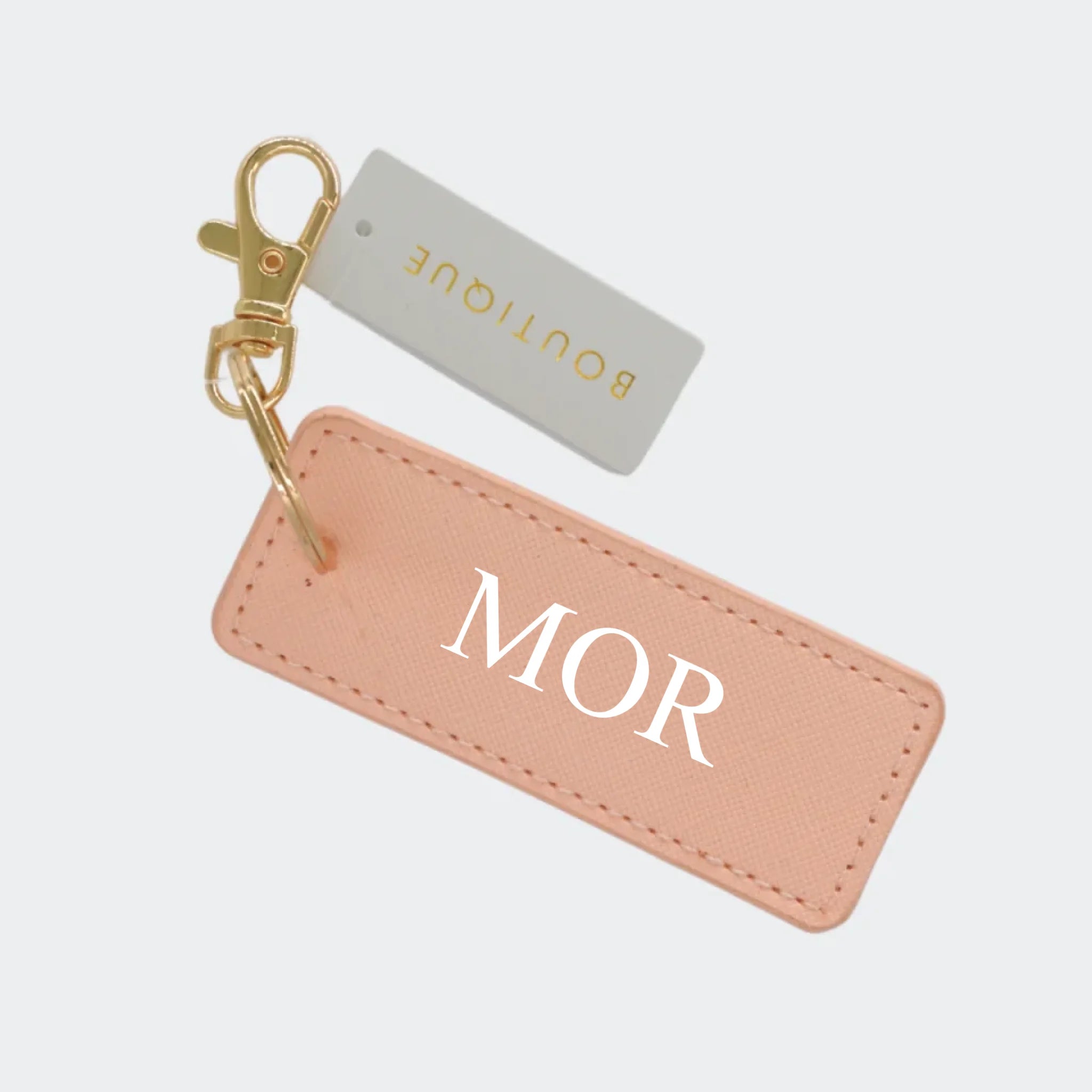 Lyserød/Sort nøglering – MOR, Egen tekst lyserød 3.5 x 9 cm