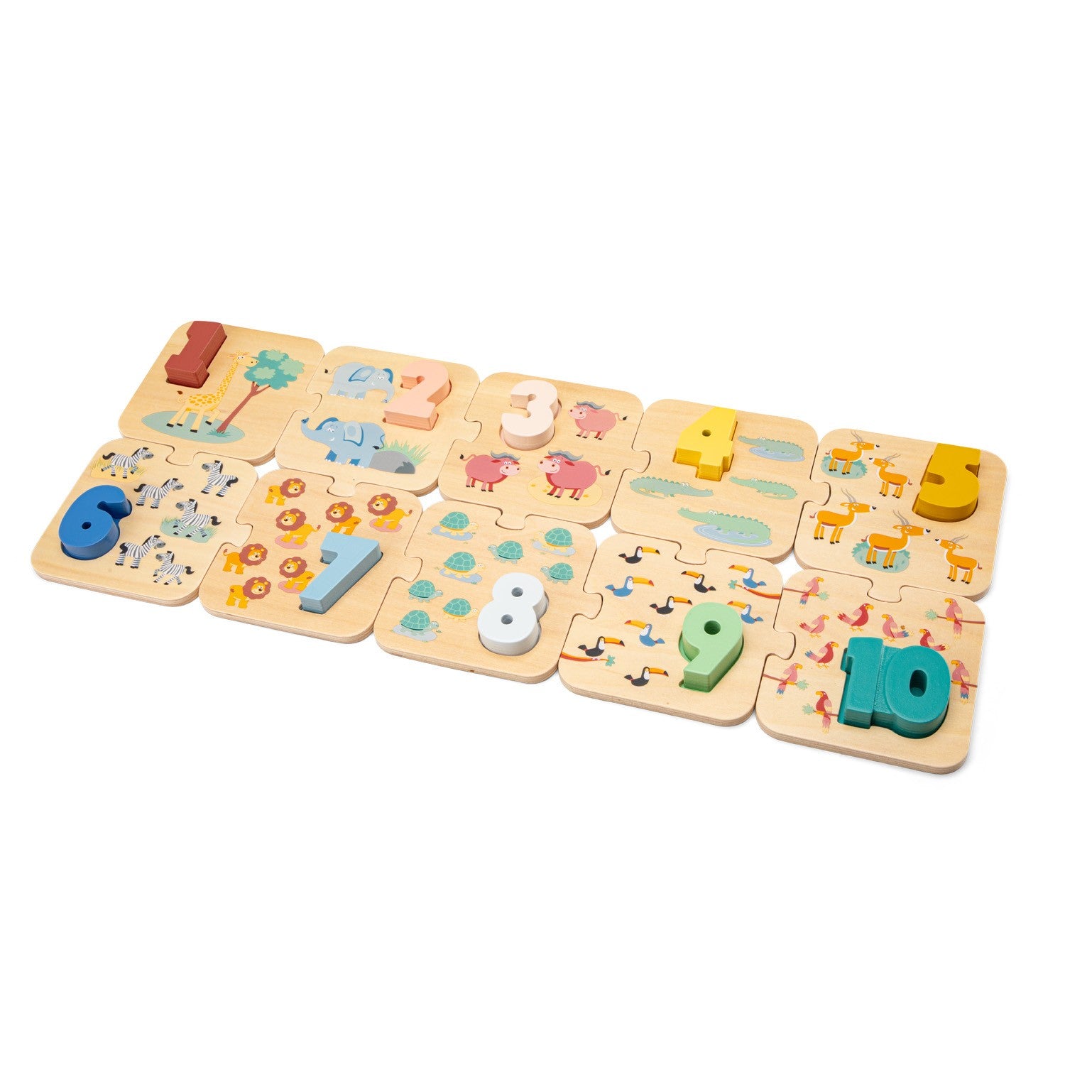 Nummerpuslespil safaritema med tal 1 til 10 og farverige dyr