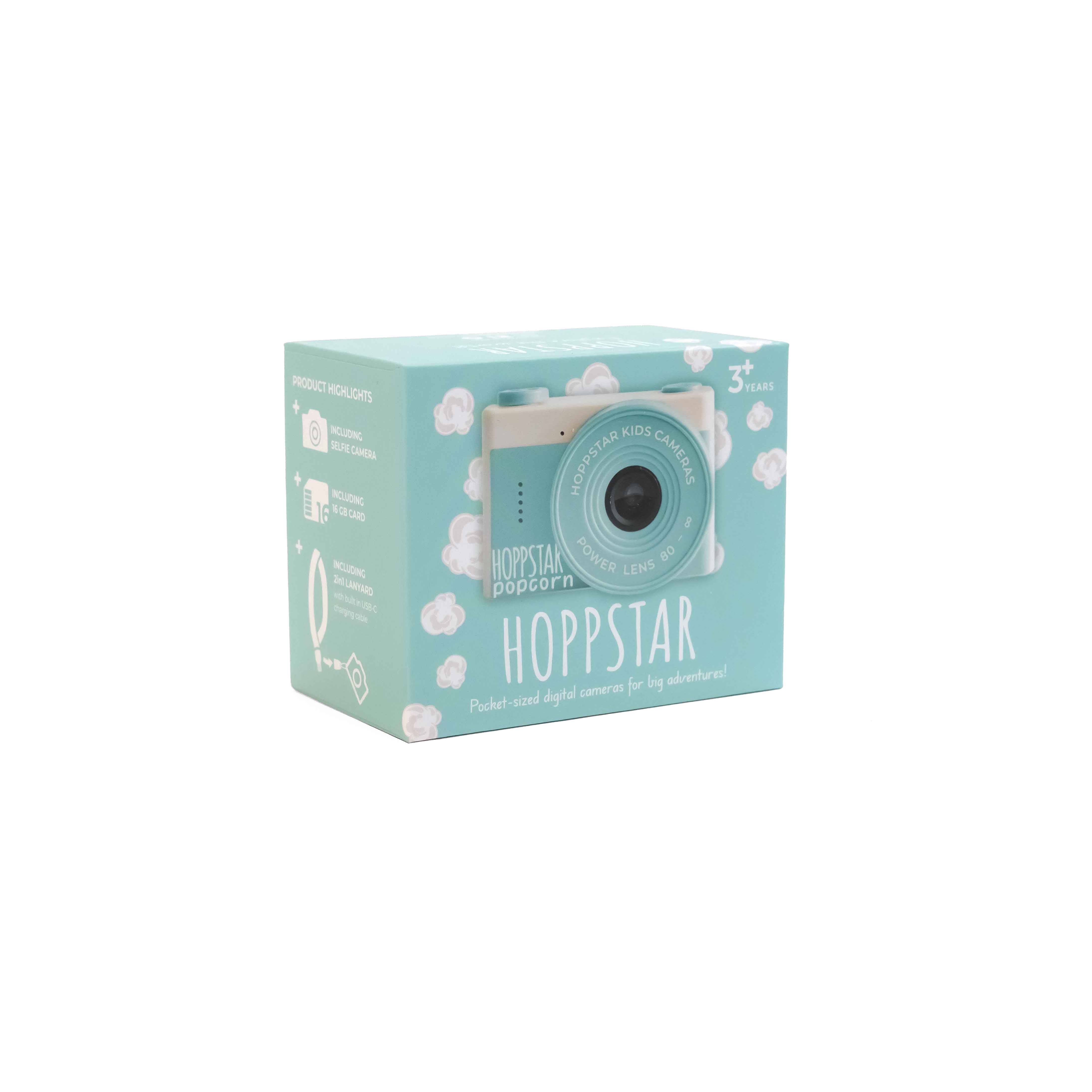 Emballagen til Hoppstar Popcorn Breeze børnekamera i lyseblå med produktinformation og popcorn motiver.