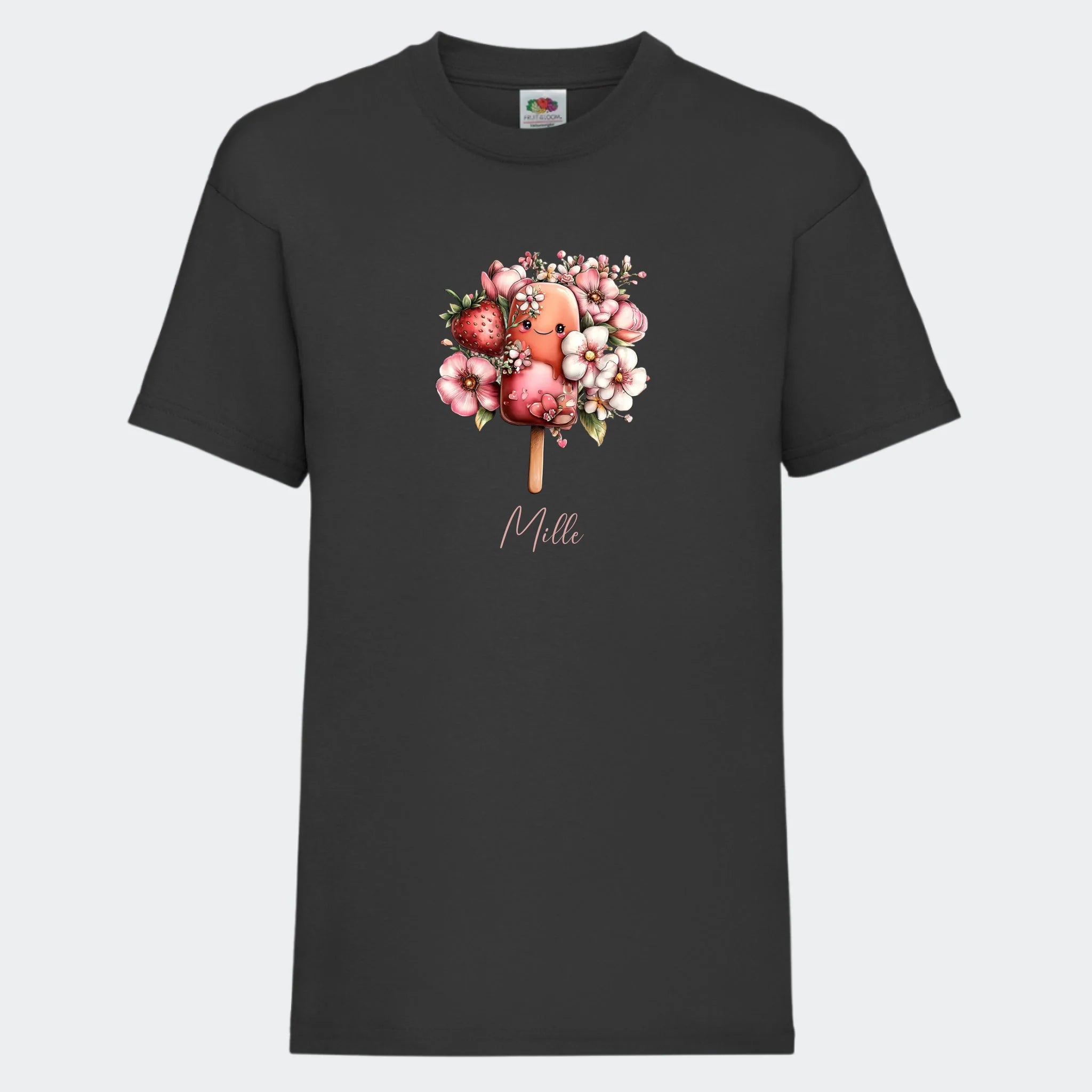 sort front TT-shirt med is og navn på