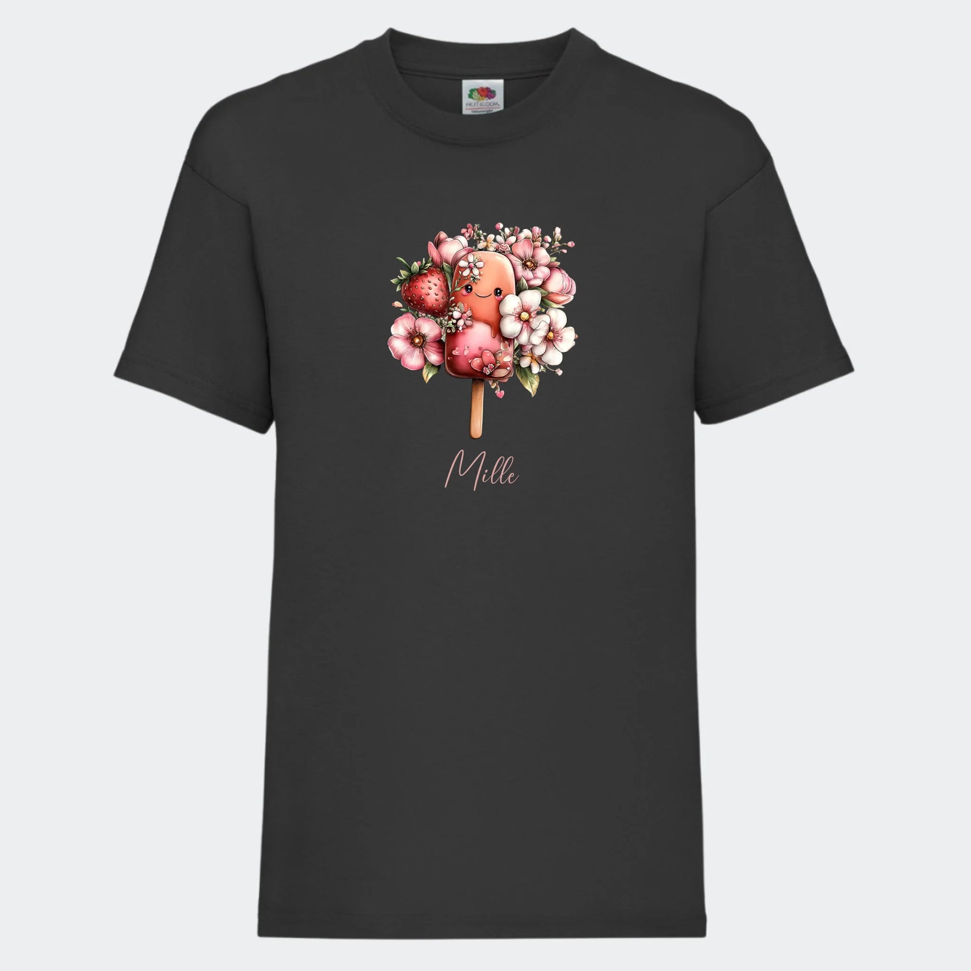 sort front TT-shirt med is og navn på