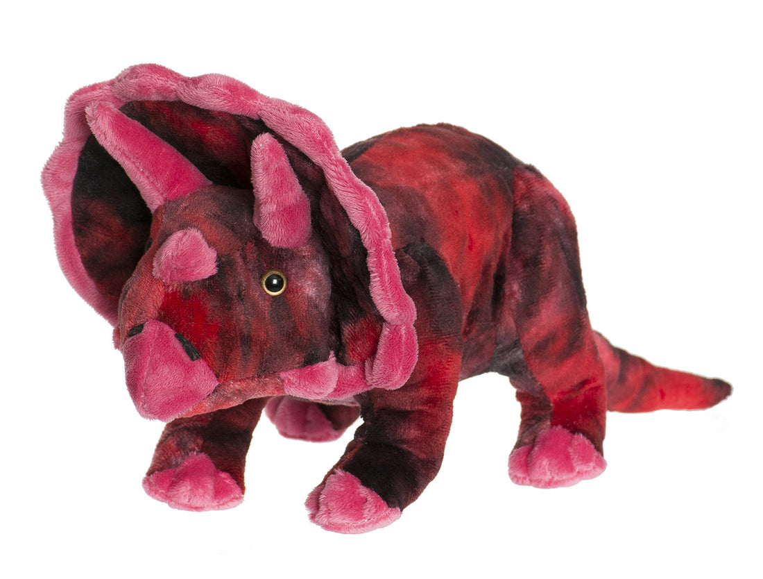 Teddy Dinos rød triceratops tøjdyr, 40 cm. Sjov plysdinosaur med horn og kappe
