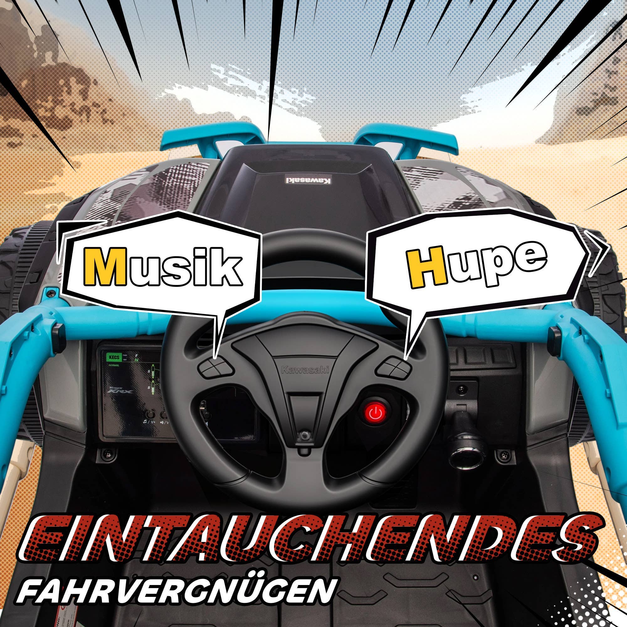 Nærbillede af cockpit og rat på blå Kawasaki elektrisk UTV til børn med musik og horn.