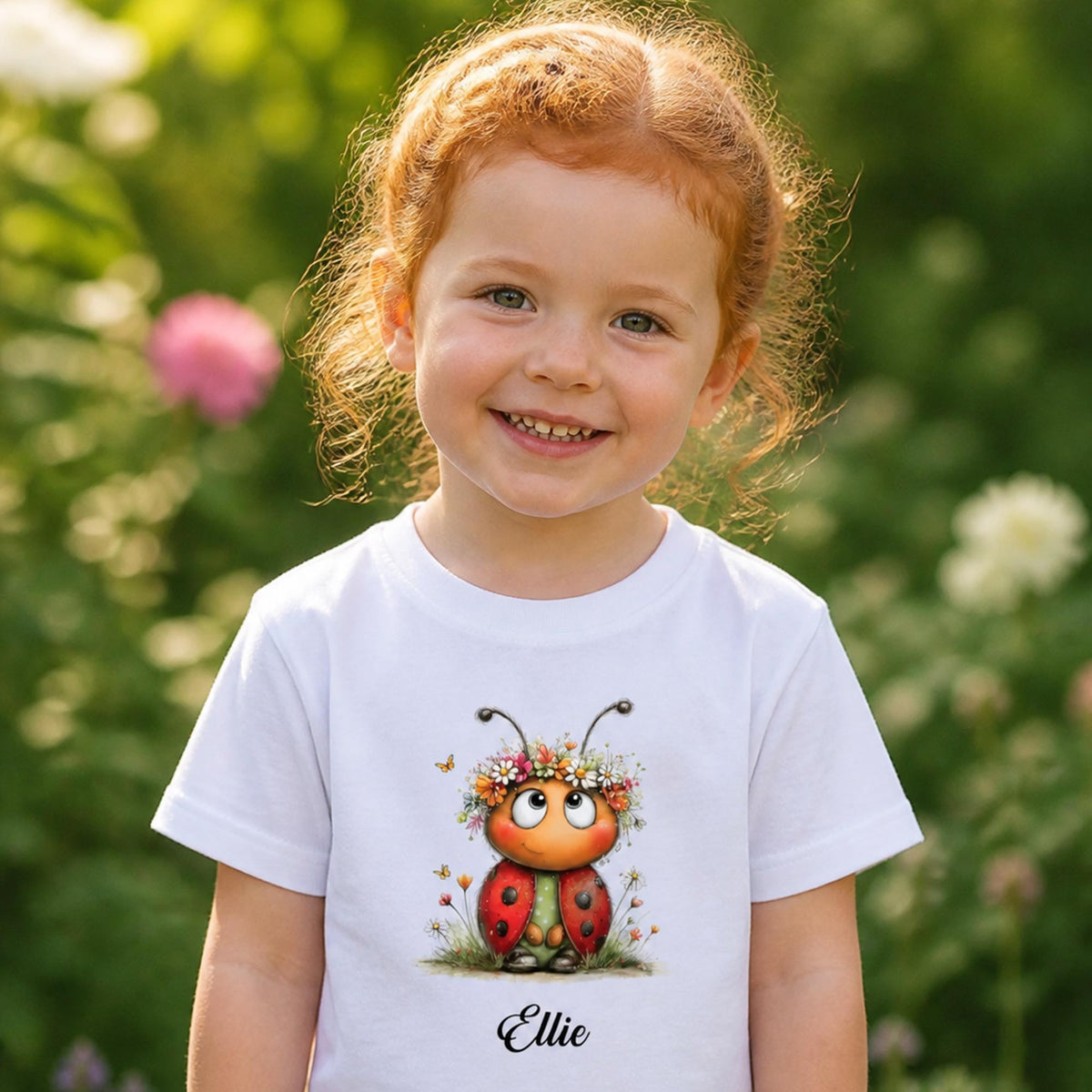 Smilende pige i hvid t-shirt med mariehøne-motiv og navnet Ellie på brystet.