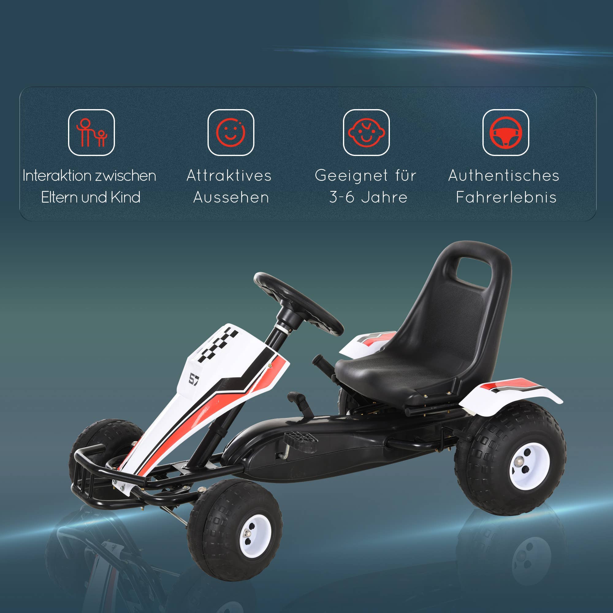 Hvid pedal gokart til børn med infografik om funktioner og autentisk køreoplevelse.