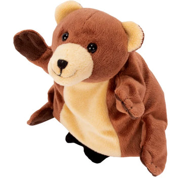 Brun bamse hånddukke, blød plys legetøj til børn, venligt ansigt, underholdning.