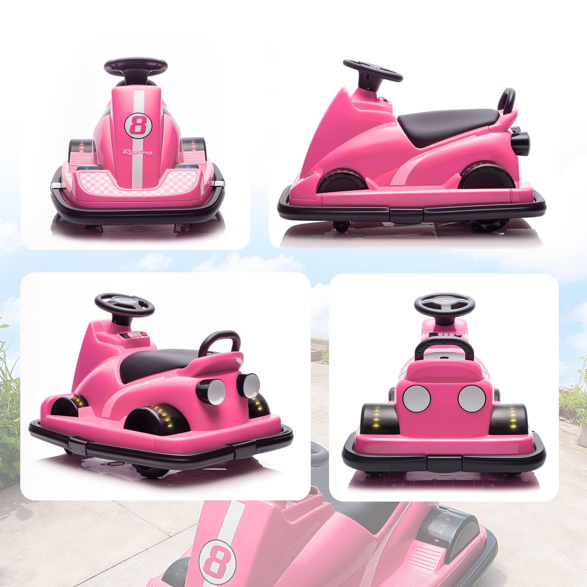 Fire vinkler af en rosa bumperbil til børn med rat, LED-lys og nummer 8.