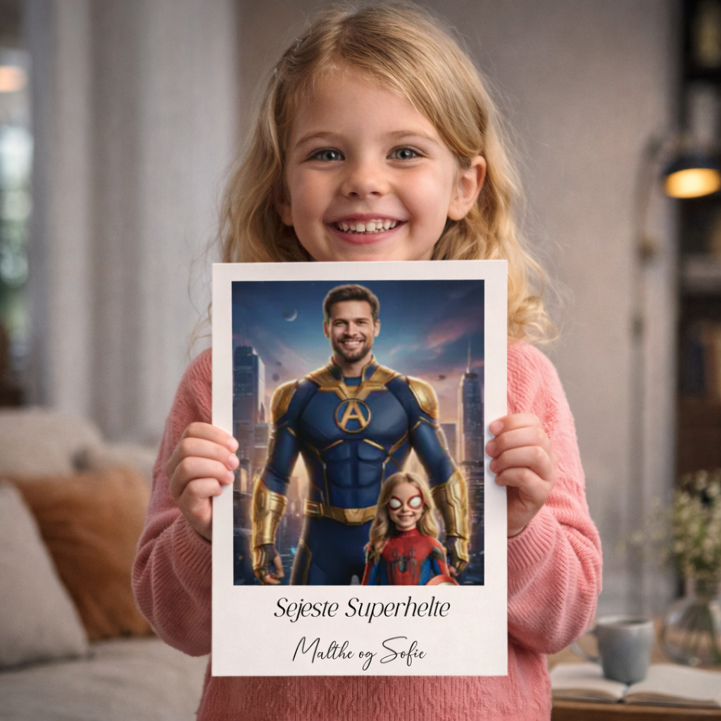 Plakat med far og datter udklædt som superhelte, Malthe og Sofie