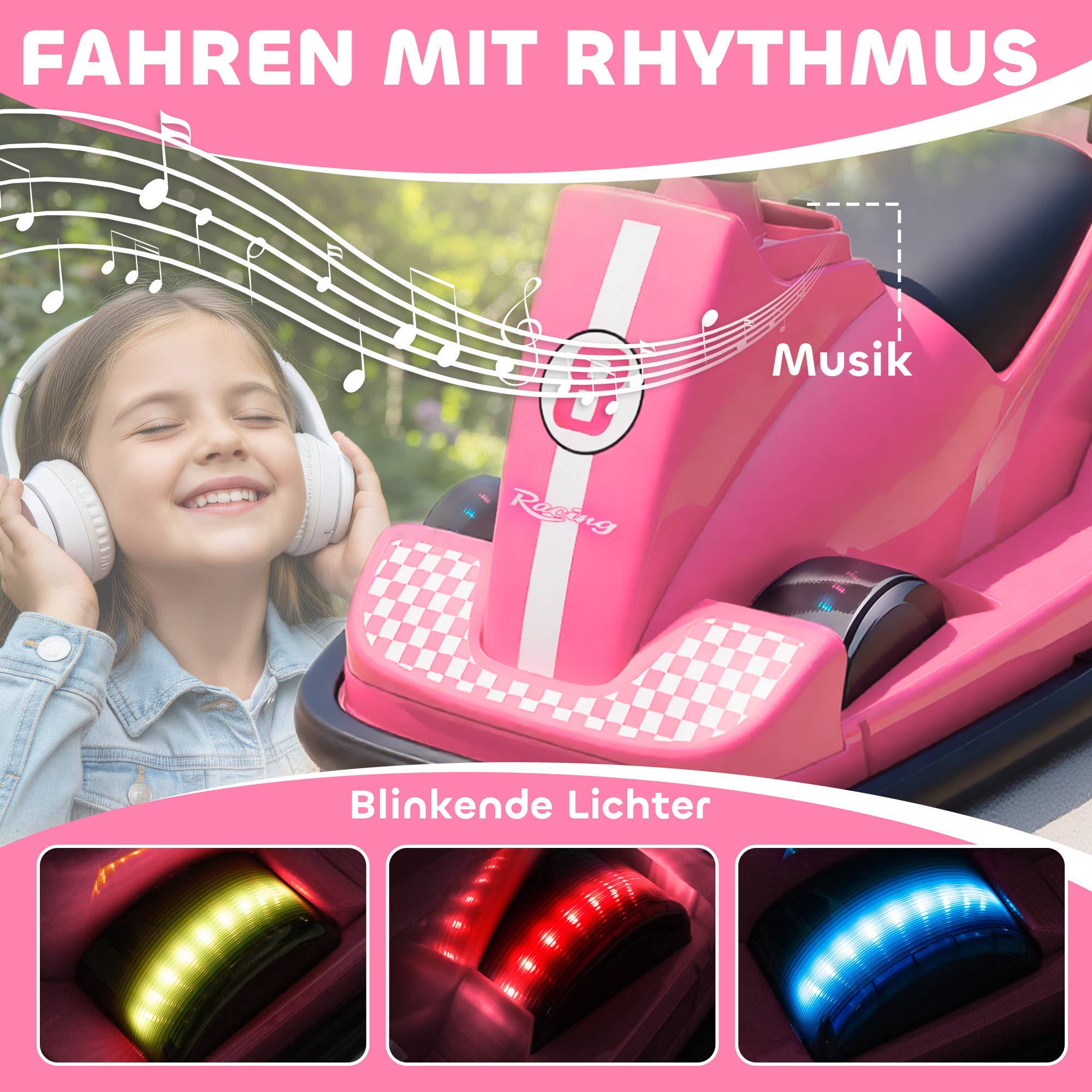 Pige med hovedtelefoner og lyserød bumperbil med blinkende LED lys og musikfunktion til børn.