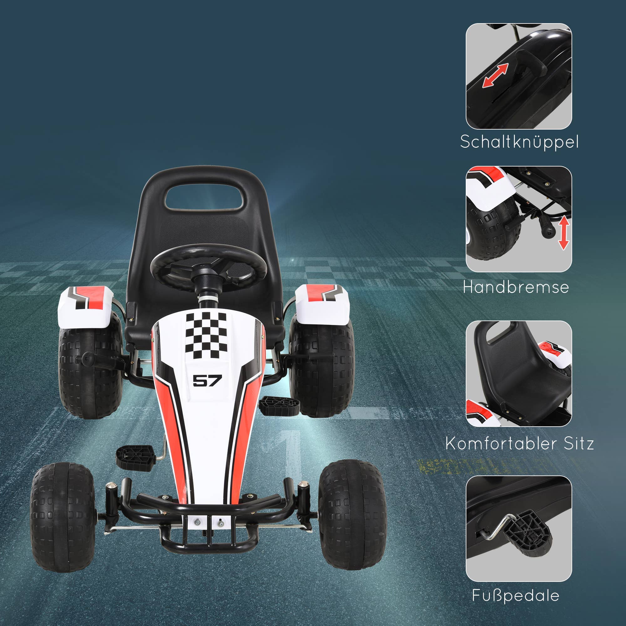 Hvid gokart til børn med detaljer af håndbremse, justerbart sæde og pedaler.