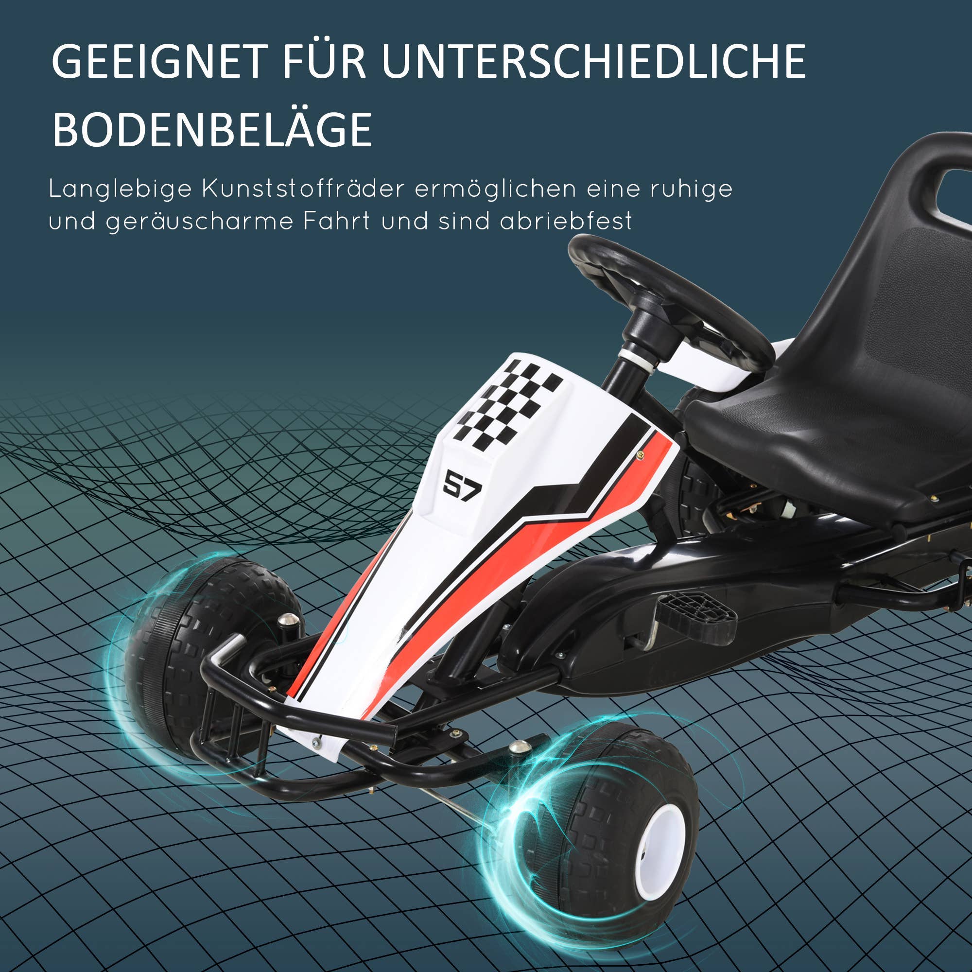 Hvid pedal gokart til børn med slidstærke hjul velegnet til forskellige underlag.