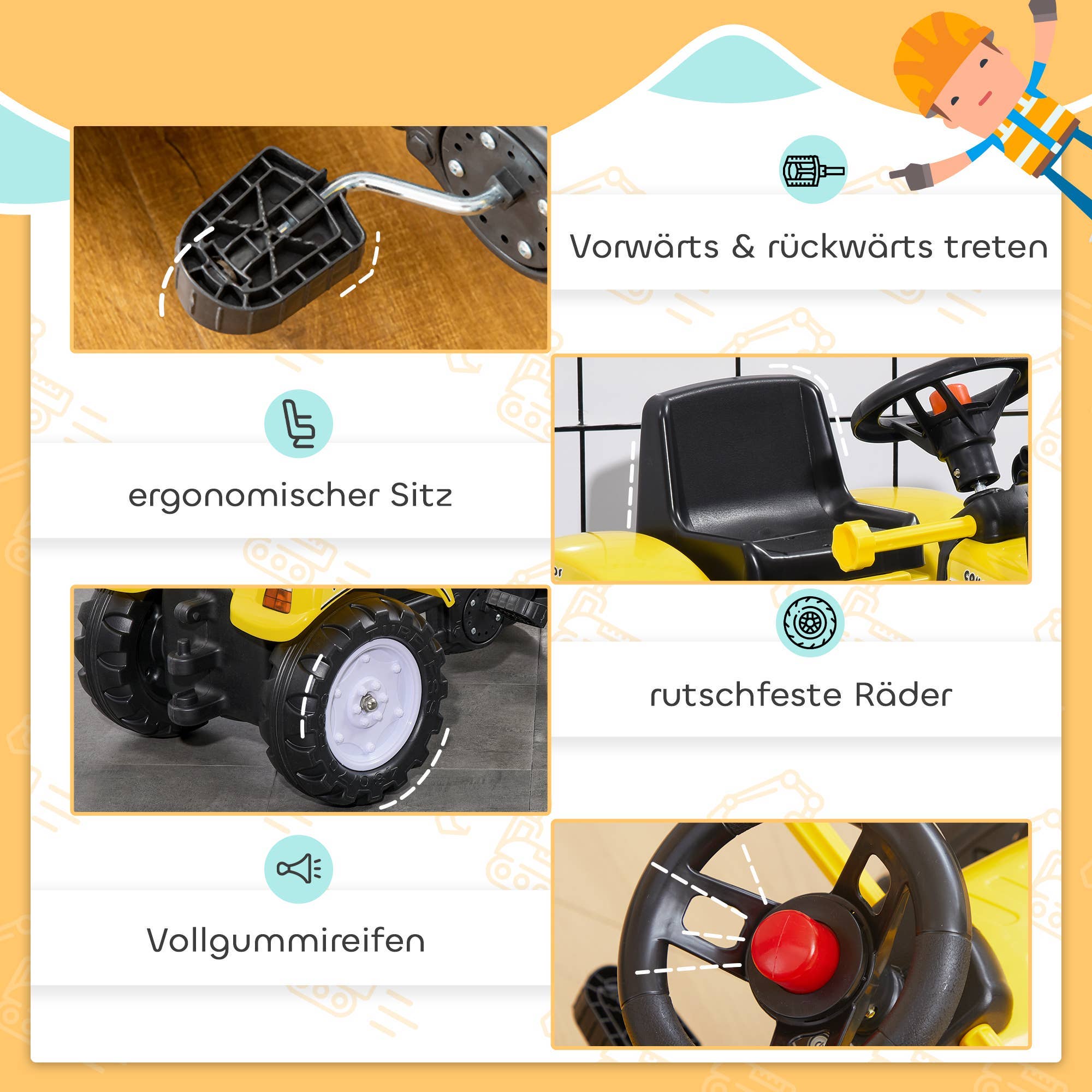 Detaljer af gul børnehjullæsser med pedaler, ergonomisk sæde, skridsikre hjul og horn.