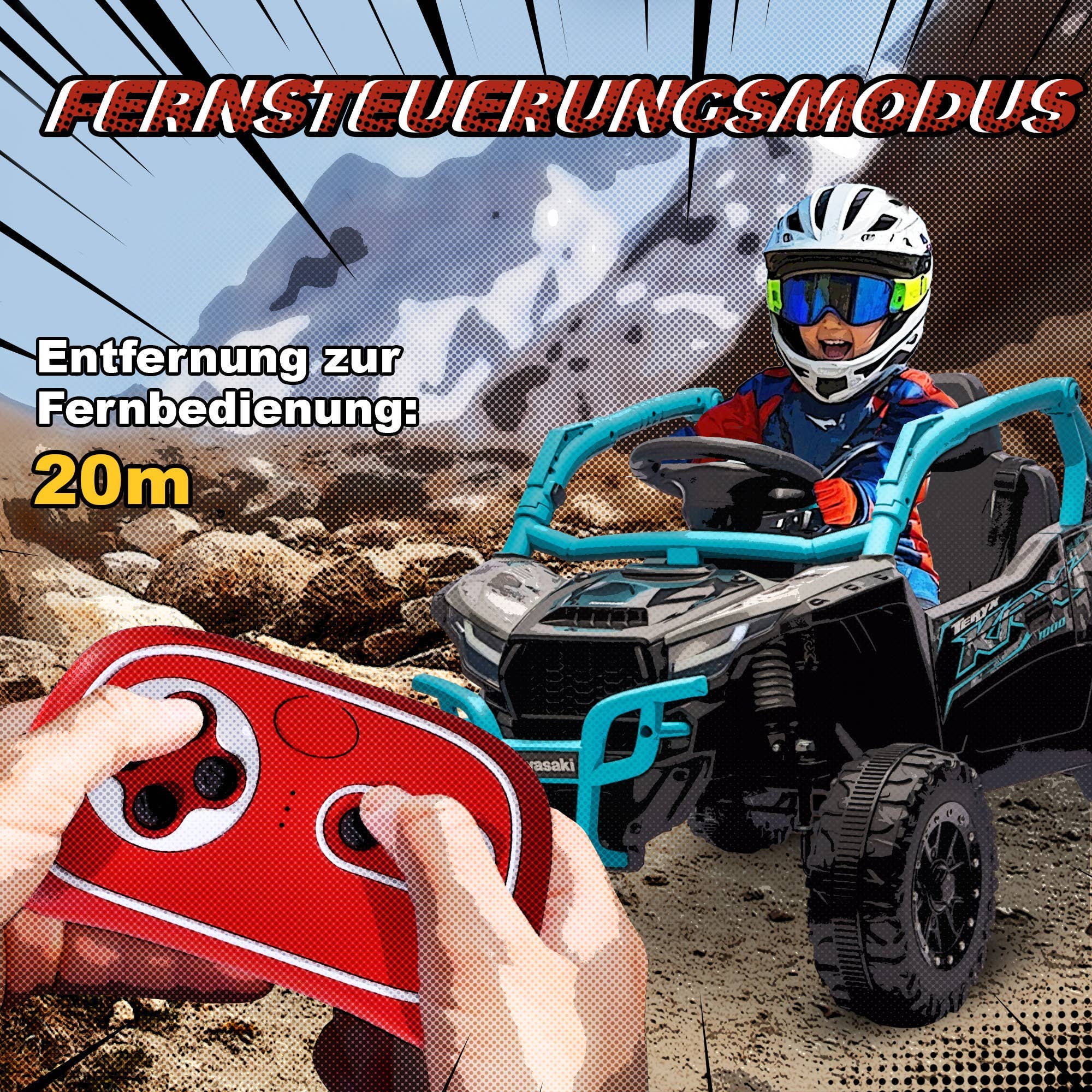 Blå Kawasaki Teryx KRX 1000 elektrisk UTV til børn med fjernbetjening og 20 meters rækkevidde.
