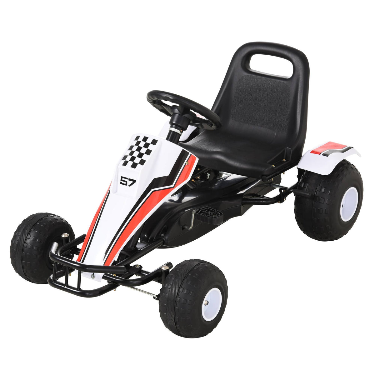 Hvid gokart pedalbil til børn med justerbart sæde og racer-design.