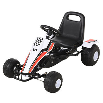 Gokart, trætauto (pedalbil) med justerbart sæde, bremse, pedaltræk, frem- og bakgear, børnekøretøj, belastning op til 35 kg, til børn 3-6 år, hvid