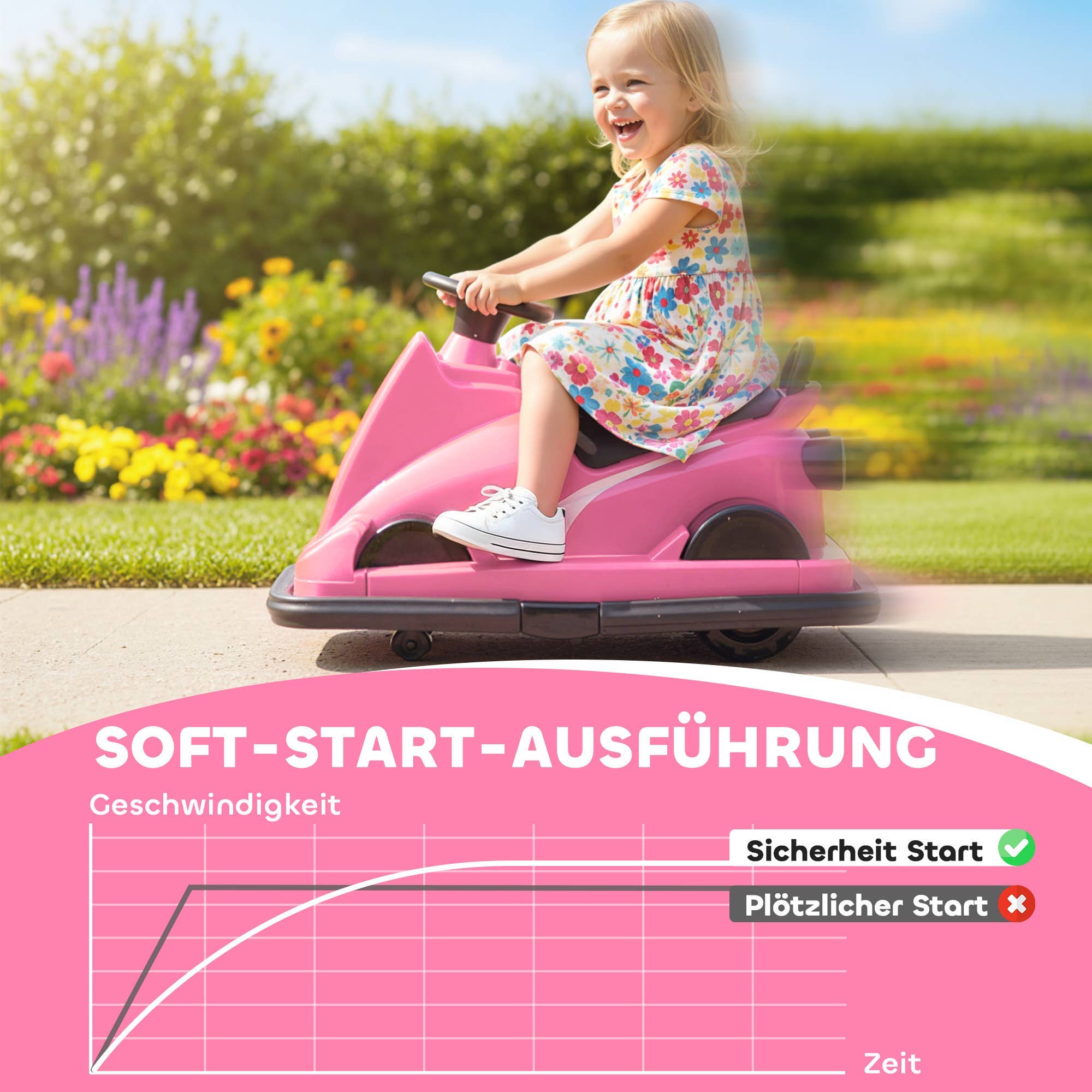 Lille pige kører i en lyserød bumperbil i haven med soft-start funktion for sikkerhed.