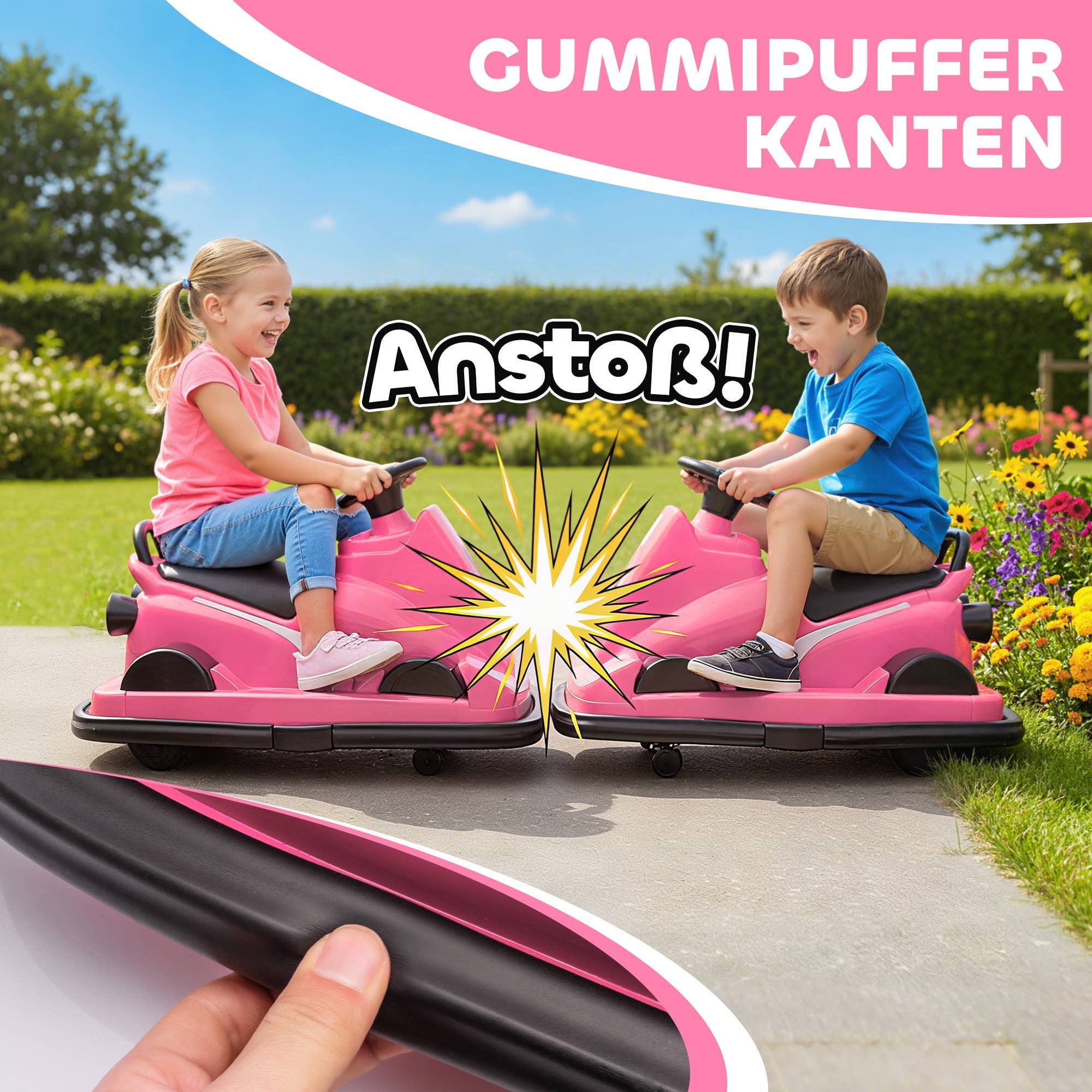 To børn leger i hver deres rosa bumperbil og kører sammen med de bløde stødfangere.